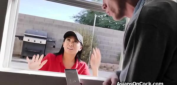 Tag teaming Asian pizza delivery chick for a tip